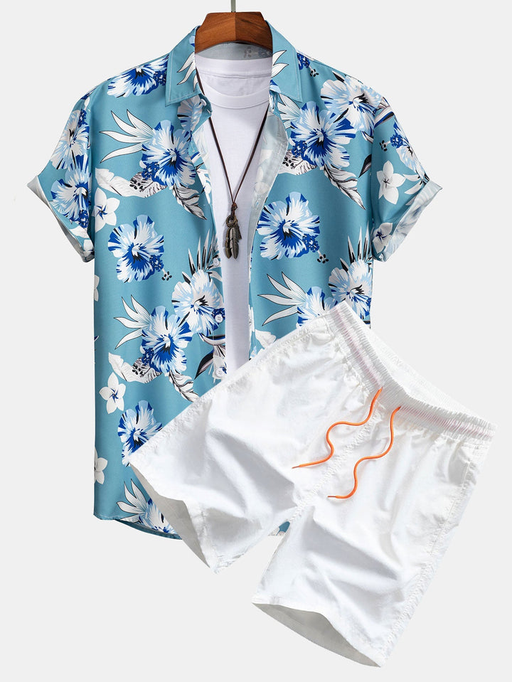 Tropical Floral Print Button Up Shirt & Swim Shorts