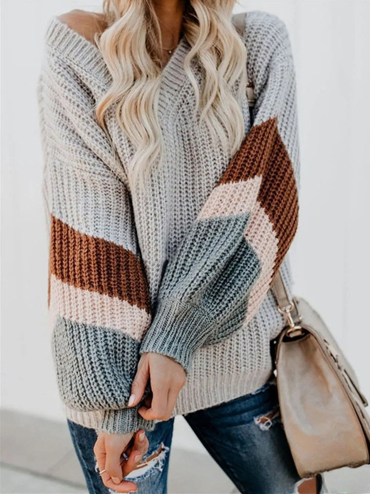 Sweater en Tricot à Rayures avec Élégantes Manches Lanternes et Col en V