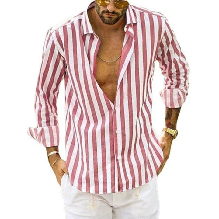 Stylish Long-Sleeve Men's Shirt with Trendy Striped Lapel