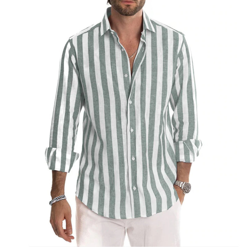 Stylish Long-Sleeve Men's Shirt with Trendy Striped Lapel