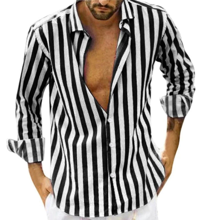 Stylish Long-Sleeve Men's Shirt with Trendy Striped Lapel