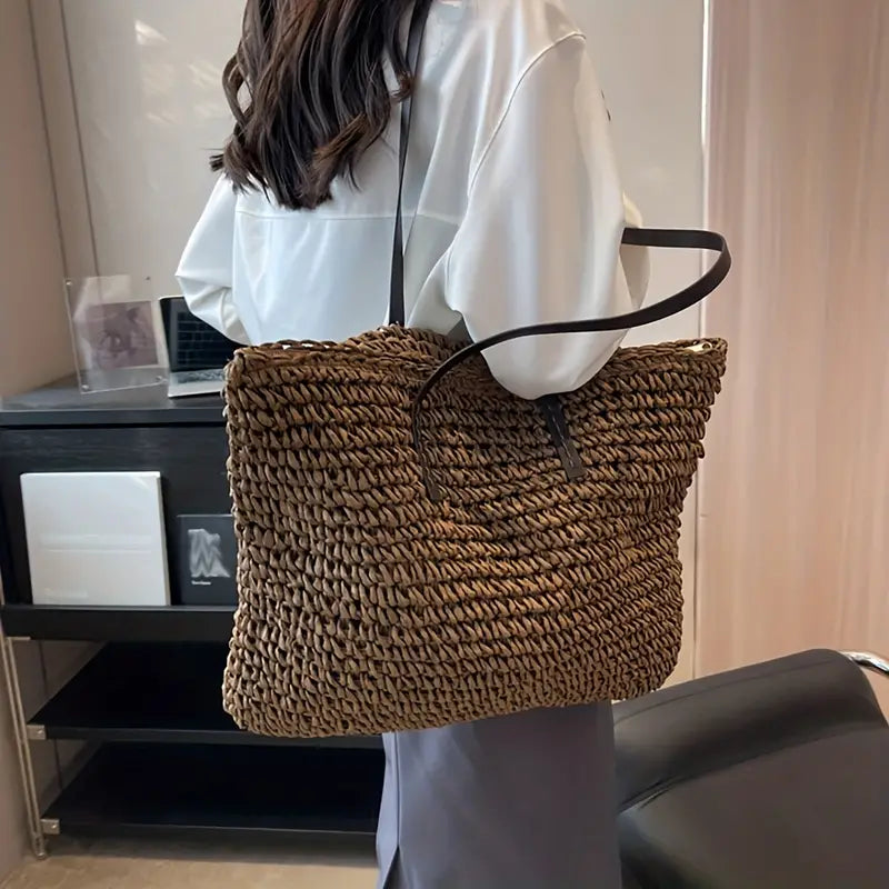 Woven carrier bag with leather straps