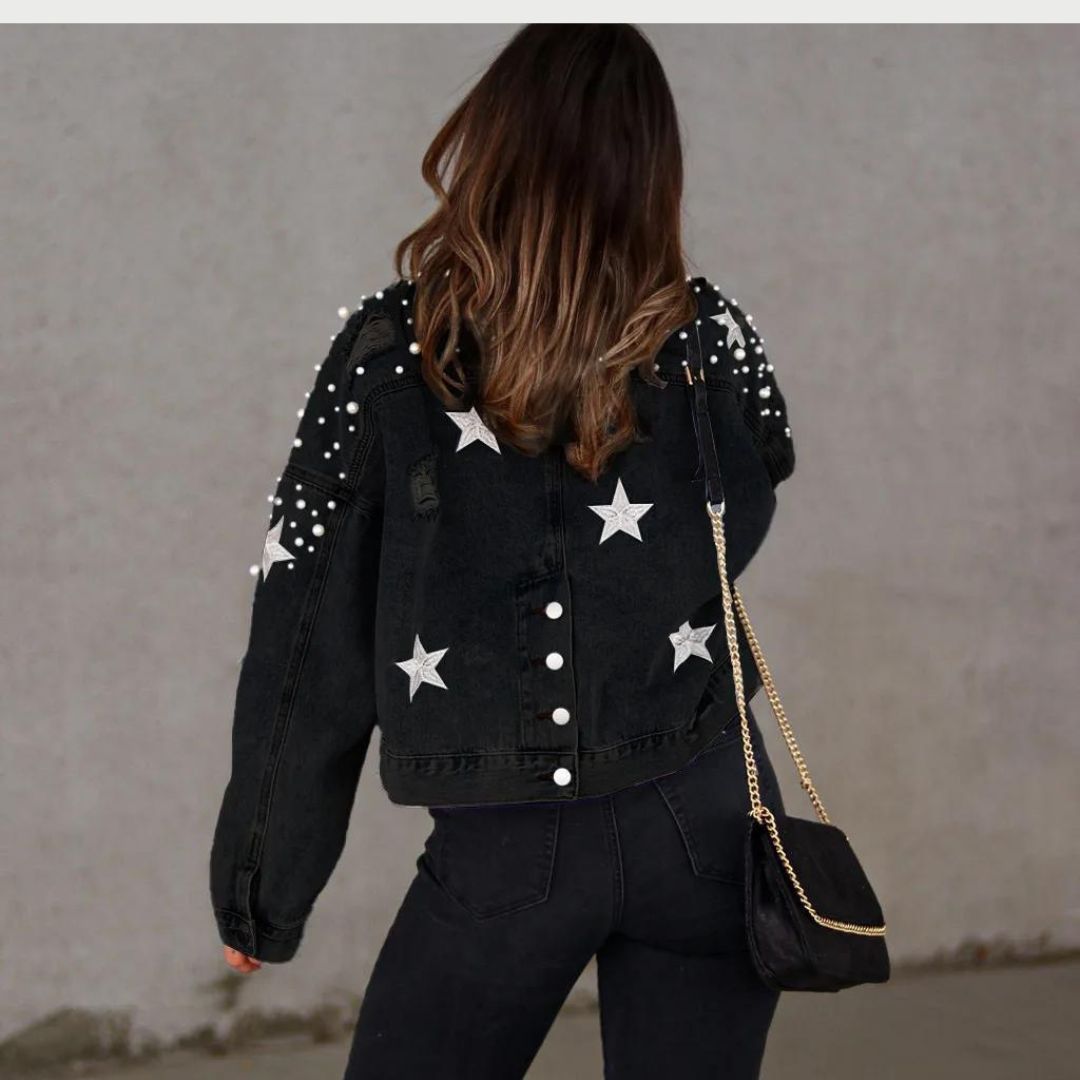 Denim jacket with pearl embellishment and star accents