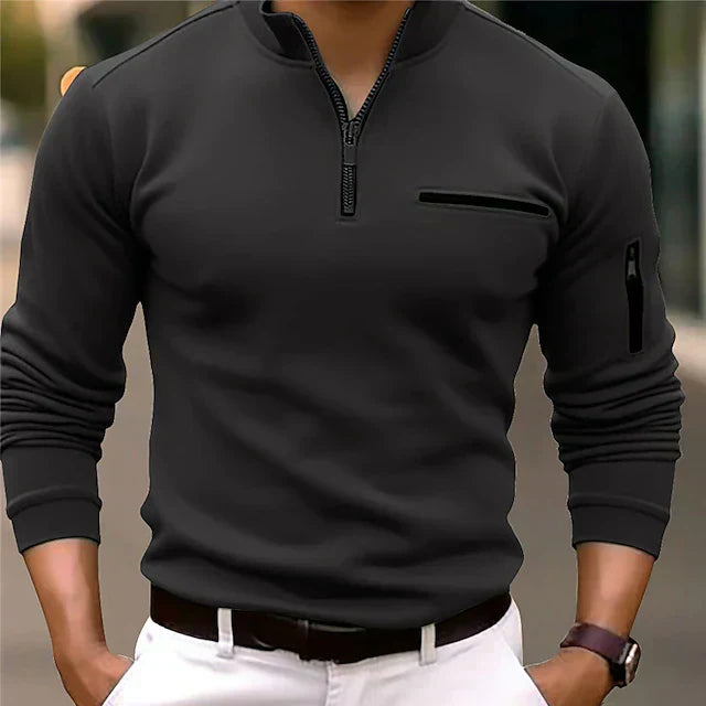 Stylish Long-Sleeve Sports Polo Shirt with Zippered Stand-Up Collar - Classic Solid Color Design