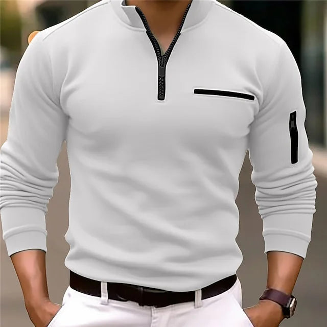 Stylish Long-Sleeve Sports Polo Shirt with Zippered Stand-Up Collar - Classic Solid Color Design