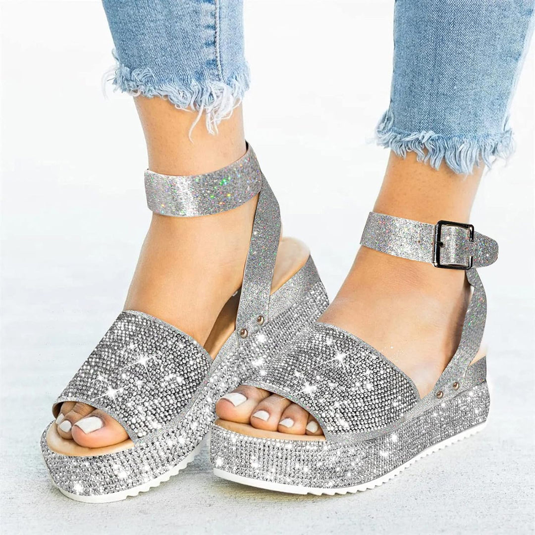 Platform wedge sandals with rhinestones