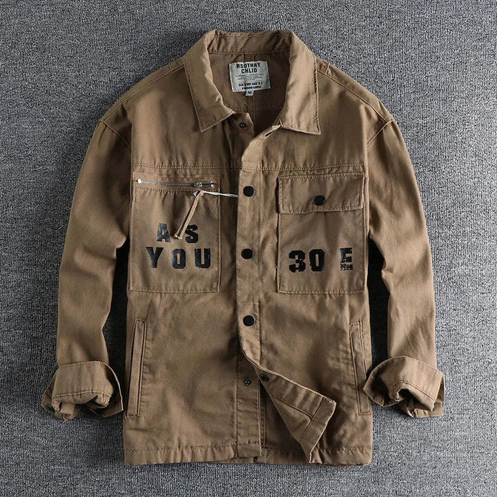 Casual utility jacket with typographic accents