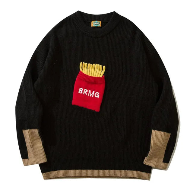 Cozy Knitted Sweater Featuring Fun Snack Patch Accents