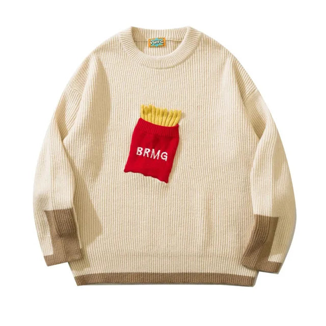 Cozy Knitted Sweater Featuring Fun Snack Patch Accents