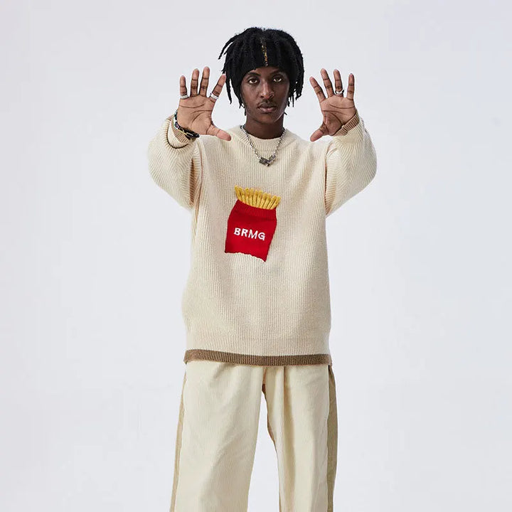 Cozy Knitted Sweater Featuring Fun Snack Patch Accents
