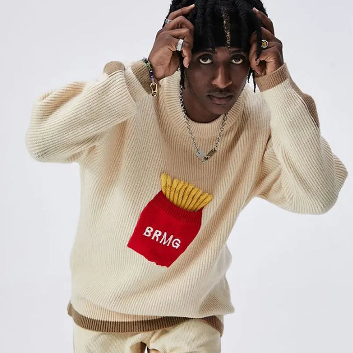 Cozy Knitted Sweater Featuring Fun Snack Patch Accents