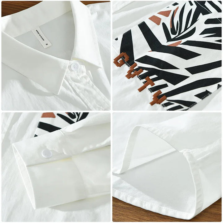 Chic White Shirt Featuring Stylish Zebra Print Pocket Detail