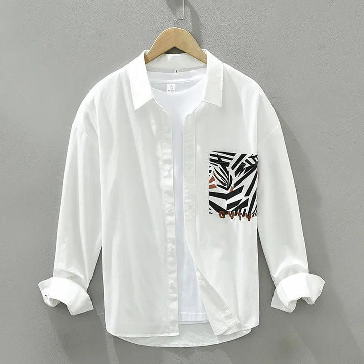 Chic White Shirt Featuring Stylish Zebra Print Pocket Detail