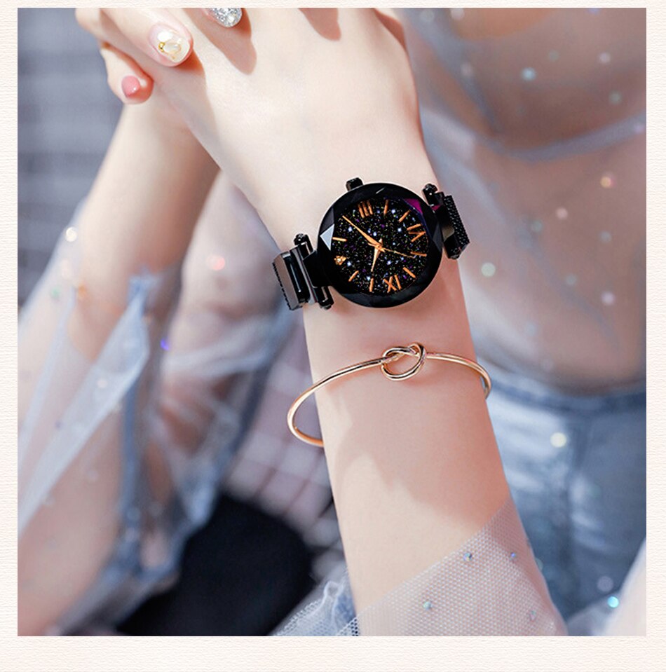 Ladies Fashion Starry Sky Watches Magnetic Buckle Mesh Bracelet Diamond Quartz Watch Ladies Dress Watch