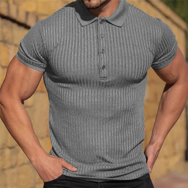 Stylish Men's Slim Fit Ribbed Polo Shirt - Breathable Comfort in Solid Colors