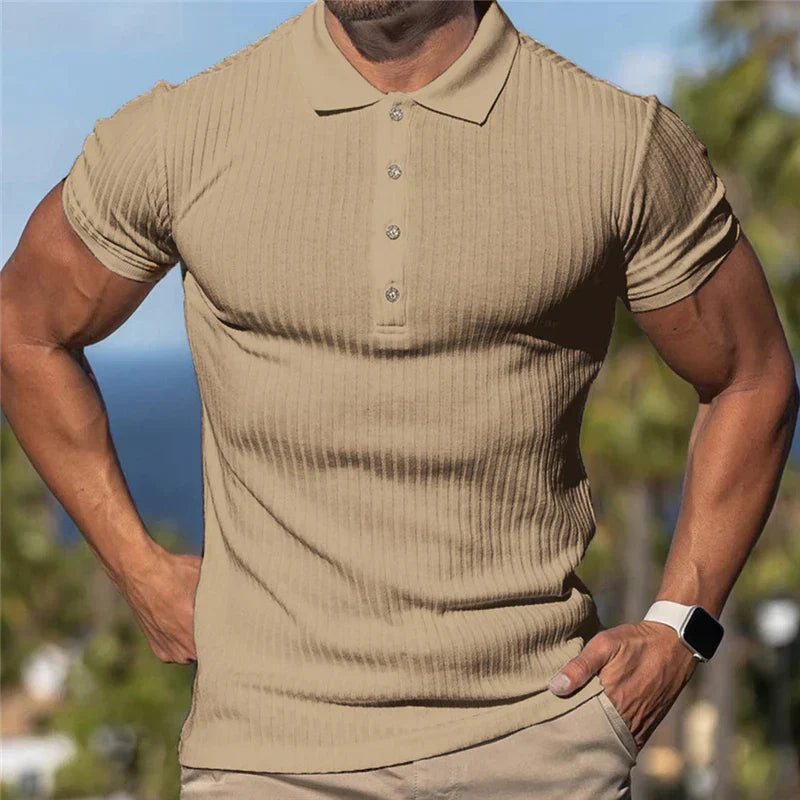 Stylish Men's Slim Fit Ribbed Polo Shirt - Breathable Comfort in Solid Colors