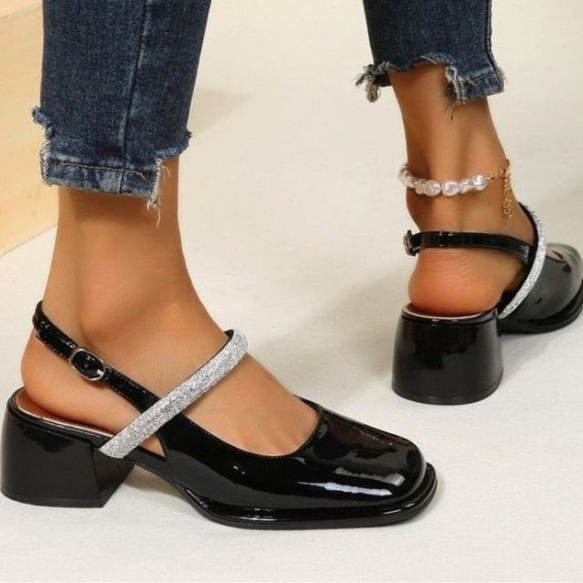 Patent sandals with glittering strap detail