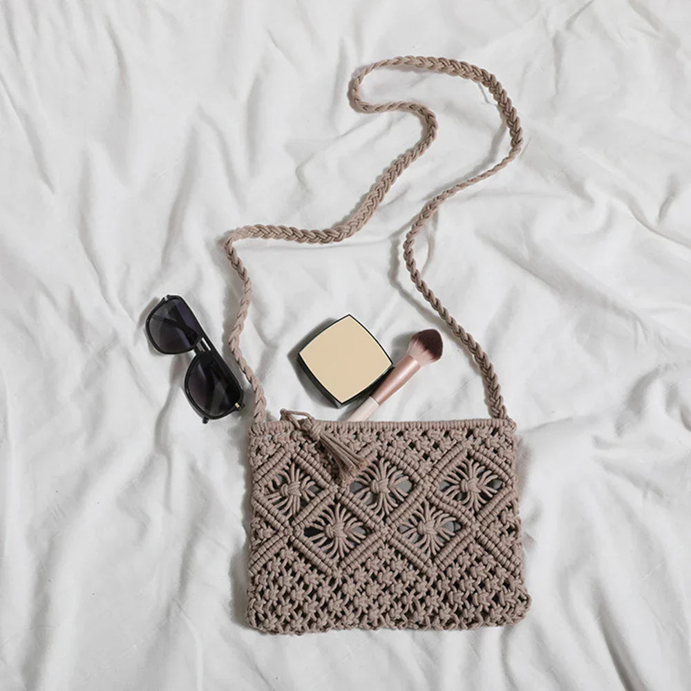 Boho woven straw shoulder bag for women