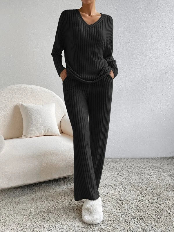 Ava™ Ribbed Knit V Neck Two-Piece Lounge Set