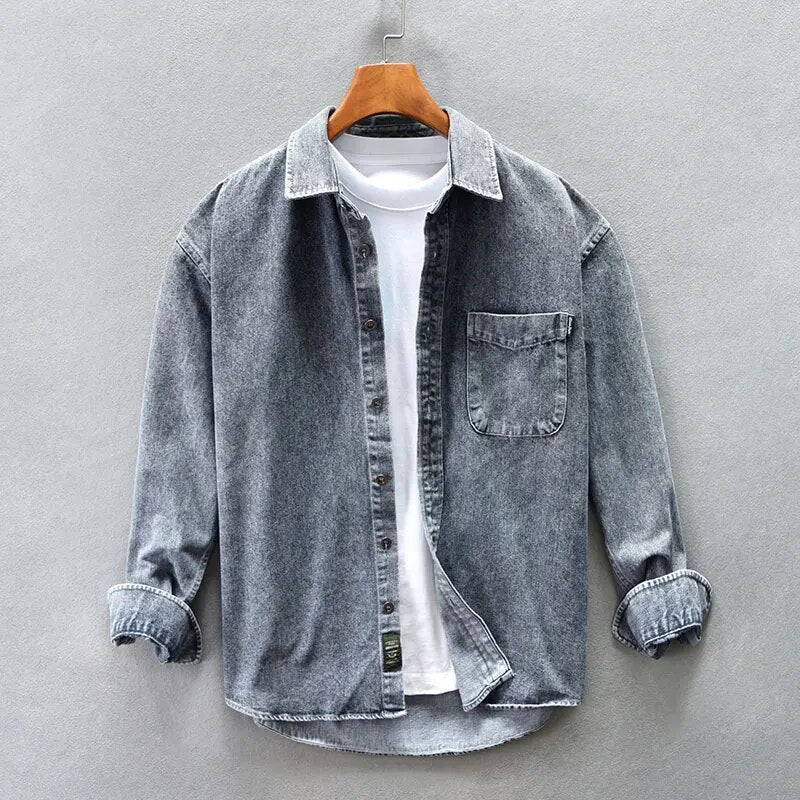 Vintage-Inspired Washed Denim Shirt for Men