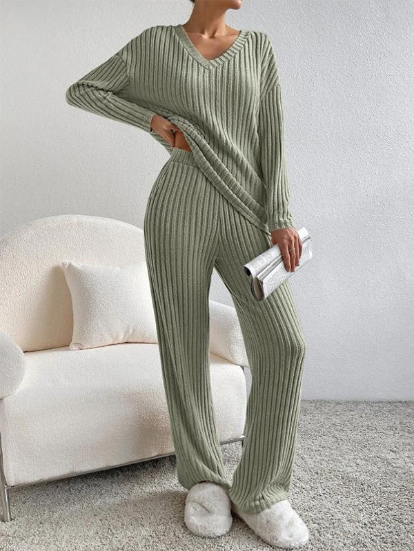 Ava™ Ribbed Knit V Neck Two-Piece Lounge Set