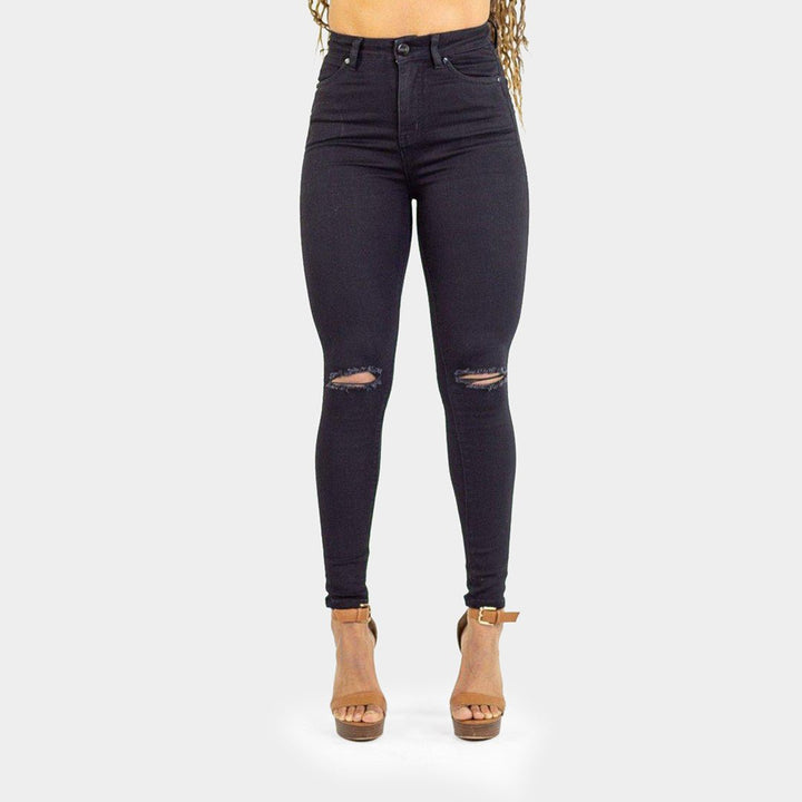 Trendy High-Waisted Black Skinny Jeans with Stylish Knee Rips