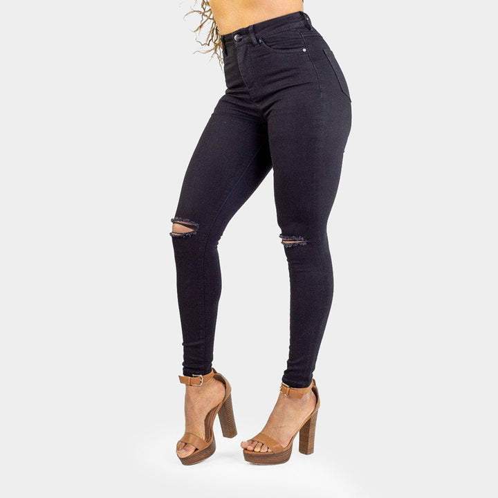 Trendy High-Waisted Black Skinny Jeans with Stylish Knee Rips