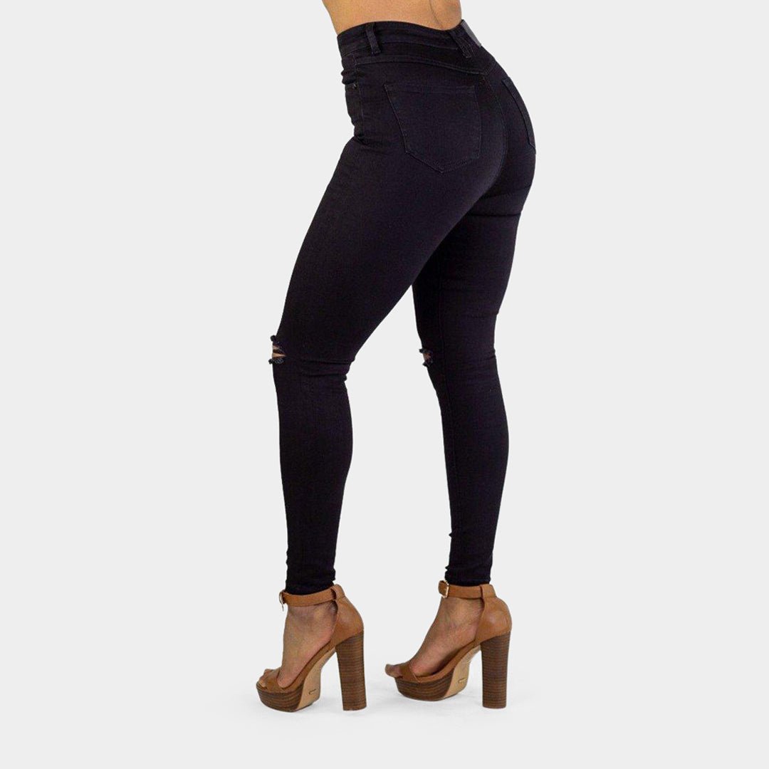 Trendy High-Waisted Black Skinny Jeans with Stylish Knee Rips