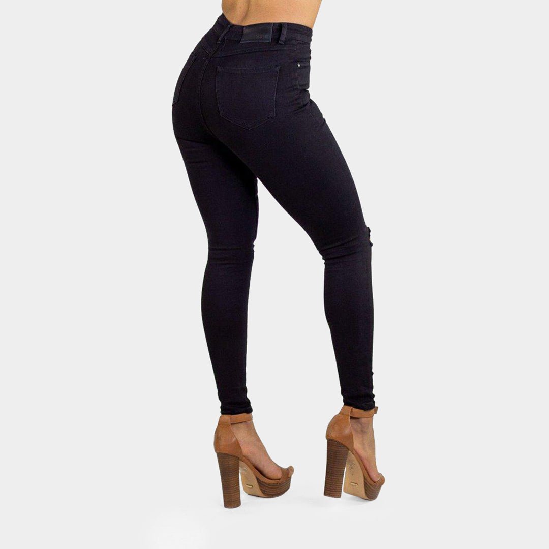 Trendy High-Waisted Black Skinny Jeans with Stylish Knee Rips