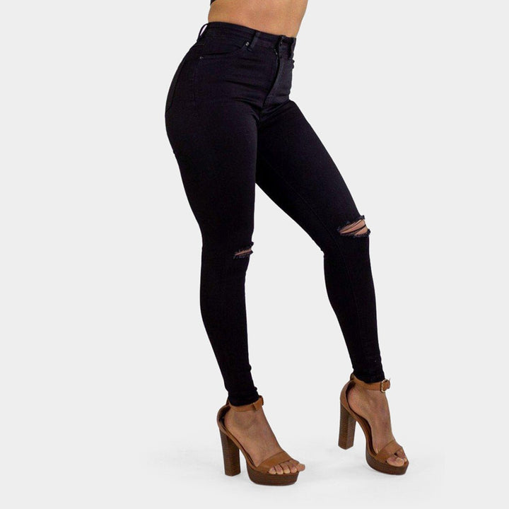 Trendy High-Waisted Black Skinny Jeans with Stylish Knee Rips