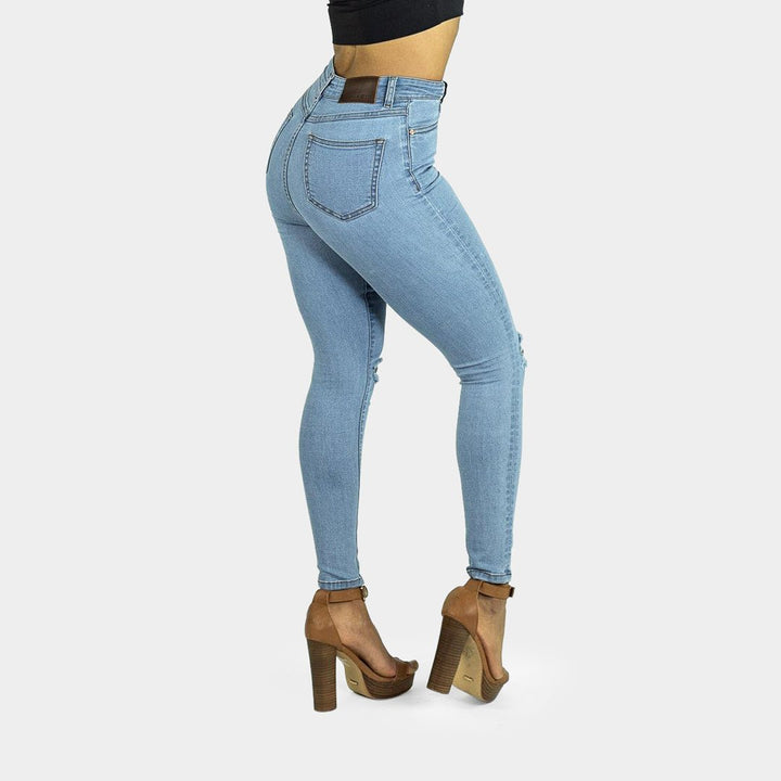 Elevate Your Style: High-Waisted Skinny Jeans with Chic Blue Sky Knee Rips