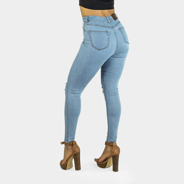 Elevate Your Style: High-Waisted Skinny Jeans with Chic Blue Sky Knee Rips