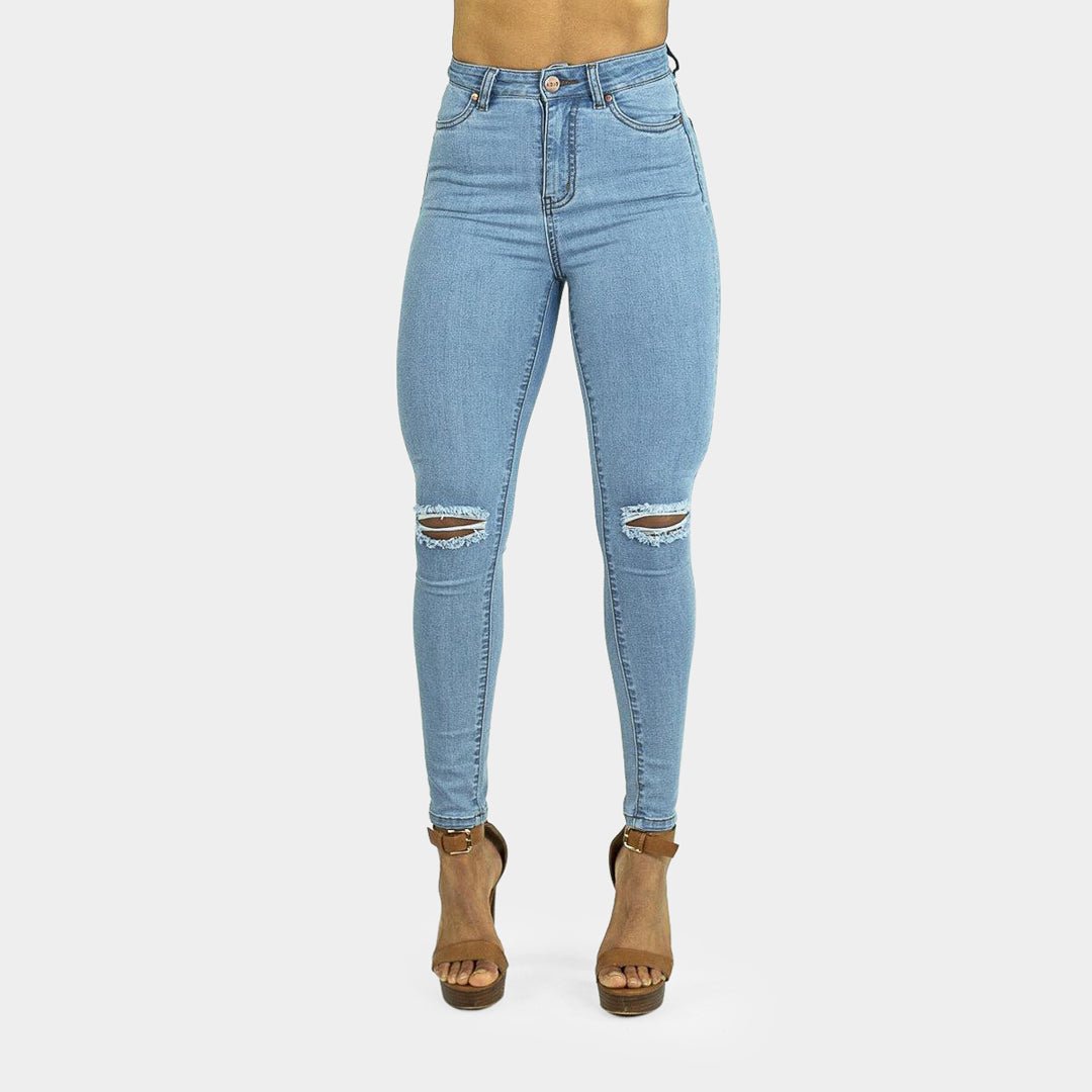 Elevate Your Style: High-Waisted Skinny Jeans with Chic Blue Sky Knee Rips