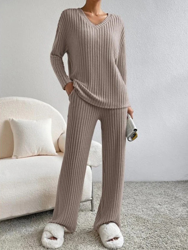 Ava™ Ribbed Knit V Neck Two-Piece Lounge Set