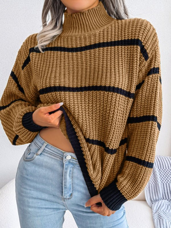 Pull Chic à Rayures avec Manches Lanterne et Col Montant pour Femmes