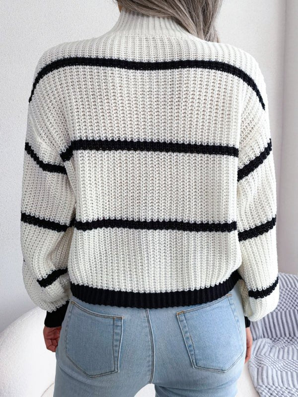 Pull Chic à Rayures avec Manches Lanterne et Col Montant pour Femmes