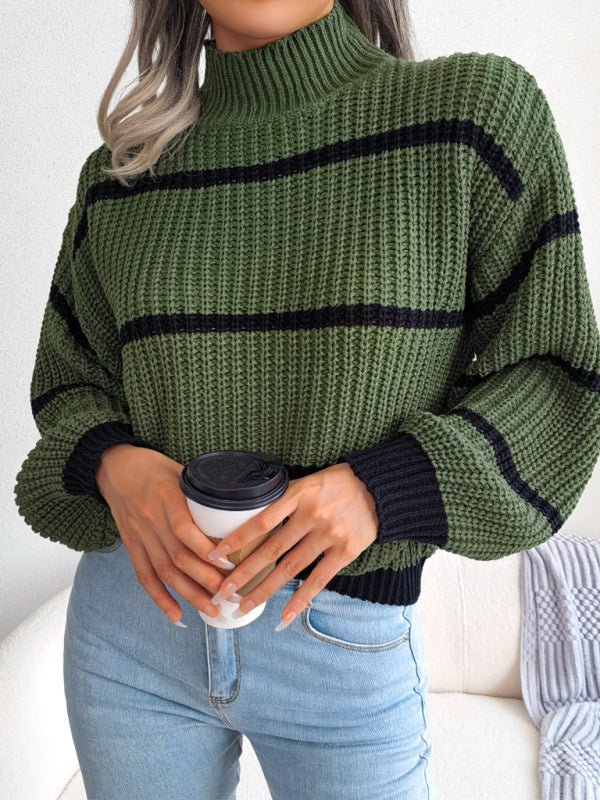 Pull Chic à Rayures avec Manches Lanterne et Col Montant pour Femmes